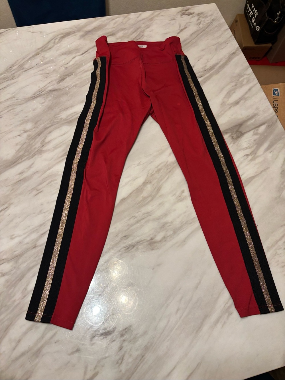 Forever 21 Red Joggers with Black Side Panels and Gold Trim